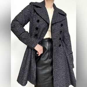 Guess Wool Herringbone Tweed Coat Velvet Trim Babydoll Napoleon Style A Line